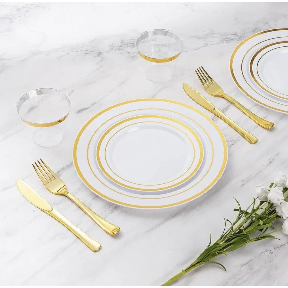 600PCS Gold White Plastic Party/Dinnerware Set for 100 Guests
